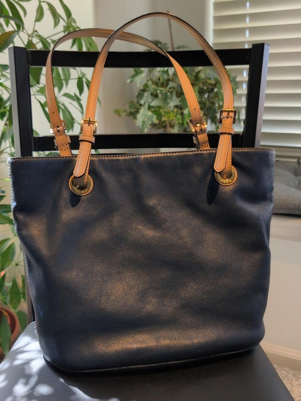 Classic Navy Leather Tote with Tan Straps